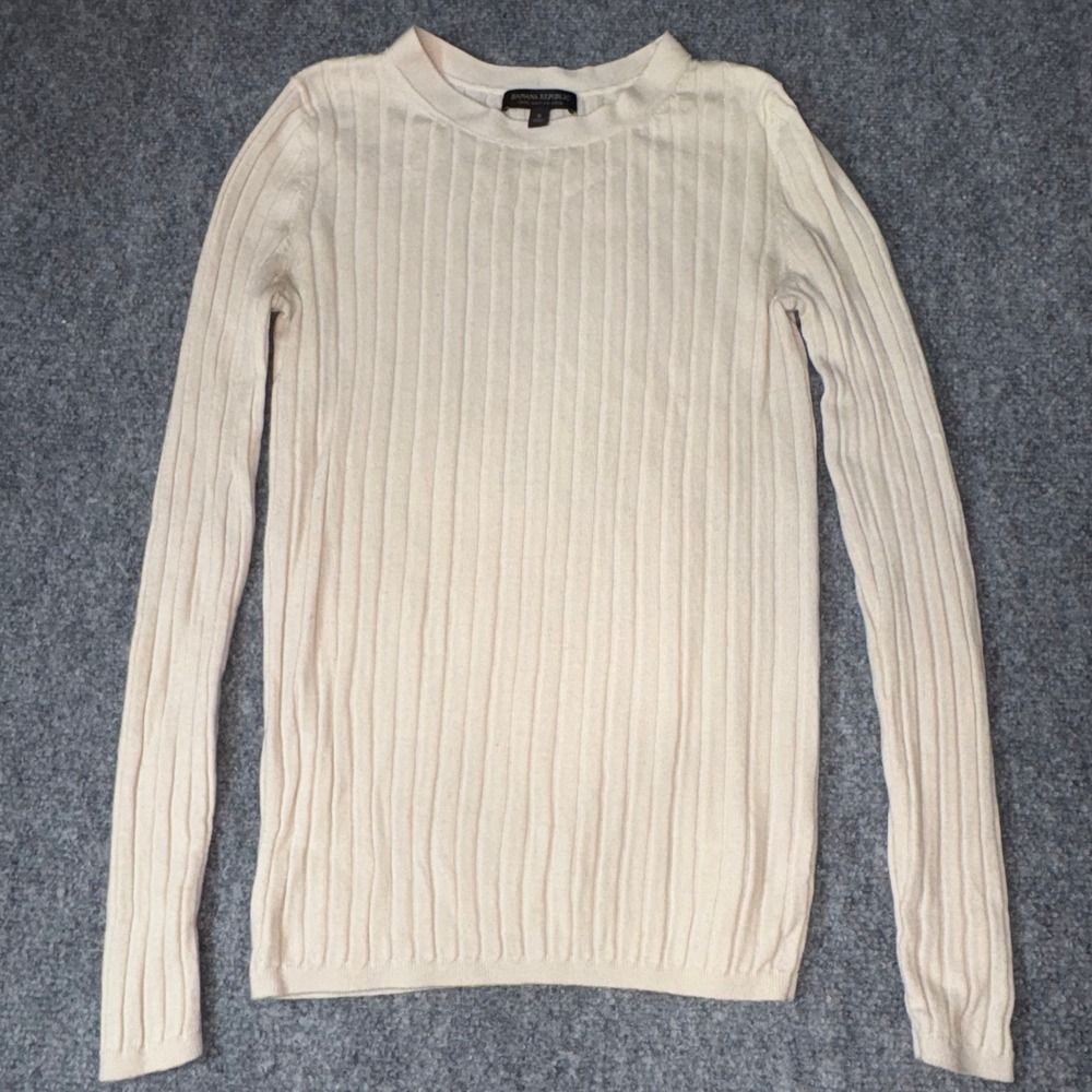 Banana Republic 100% Merino Wool Ribbed Crew Neck Sweater Cream Small